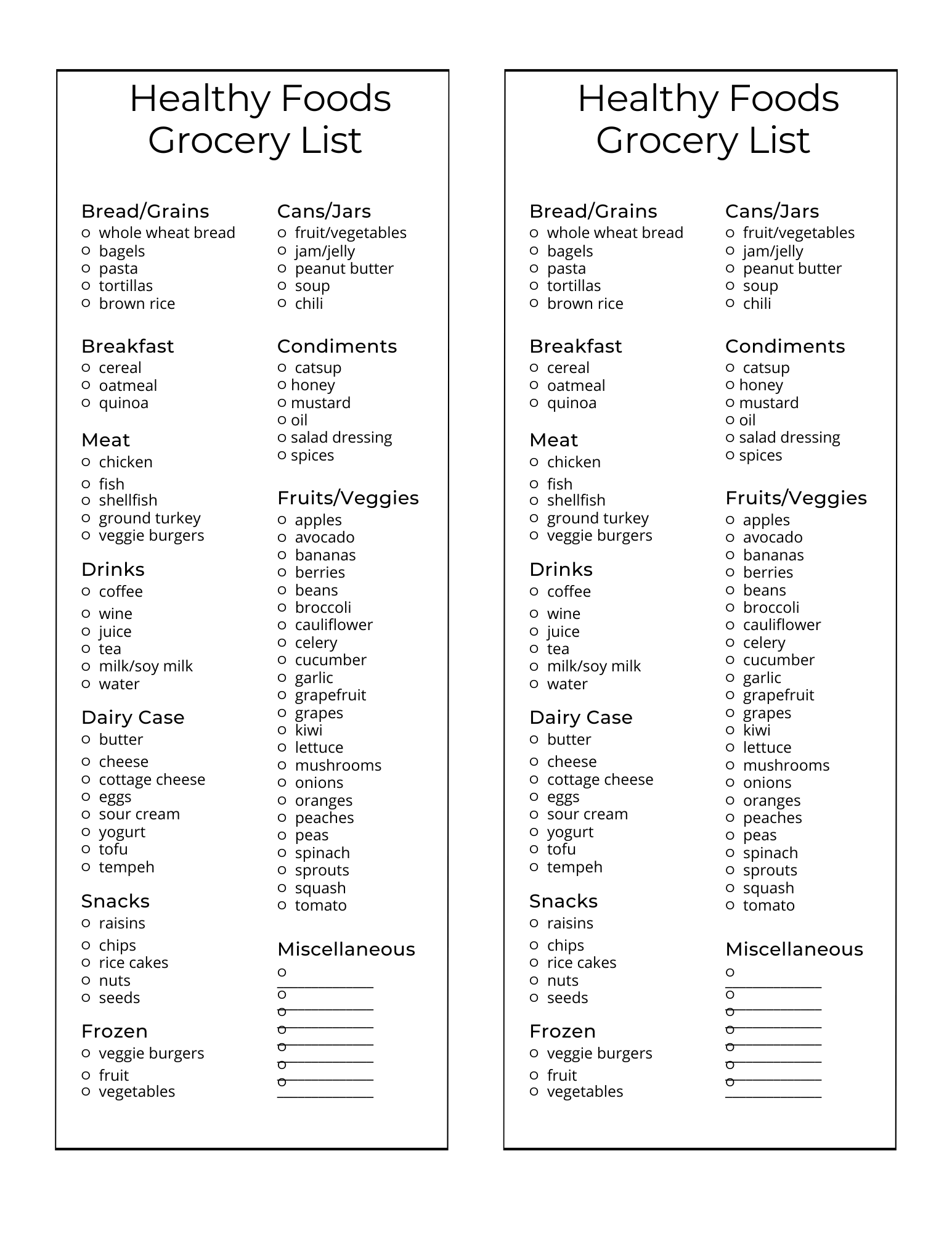 Healthy Grocery List