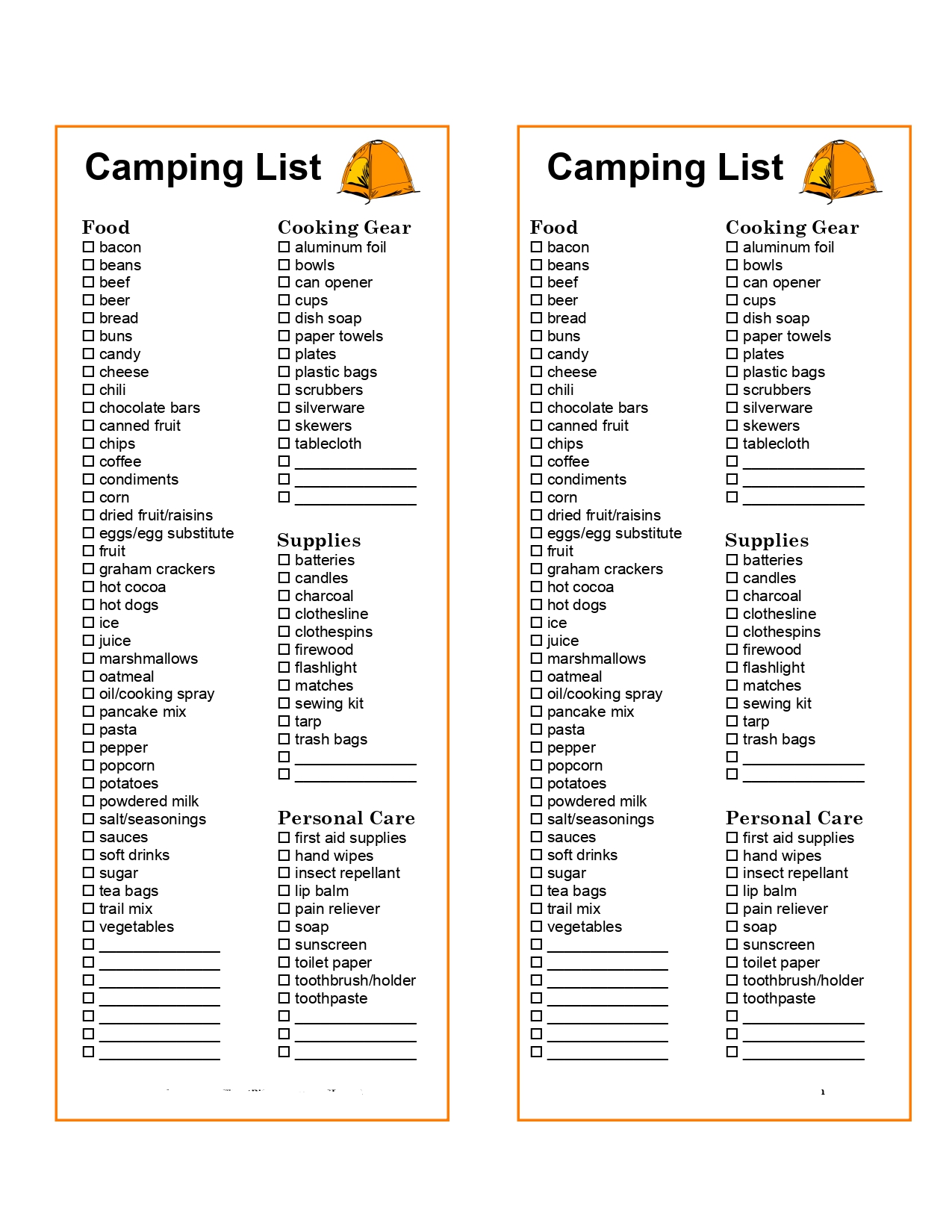 Grocery List for Camping